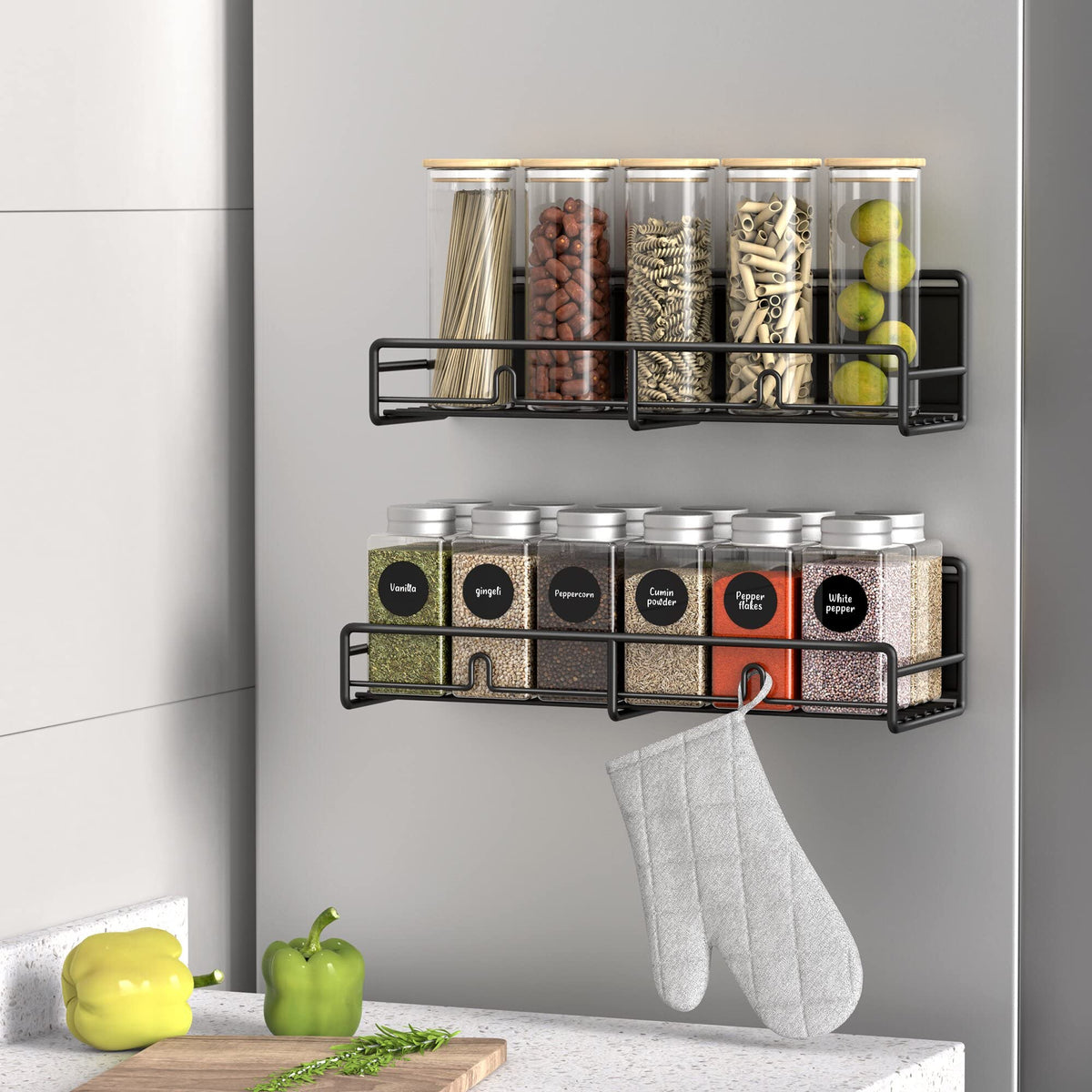 HuggieGems 2 Pack Magnetic Spice Rack Organizer for Refrigerator and Microwave Oven Metal Fridge Shelf for Kitchen Matt Black
